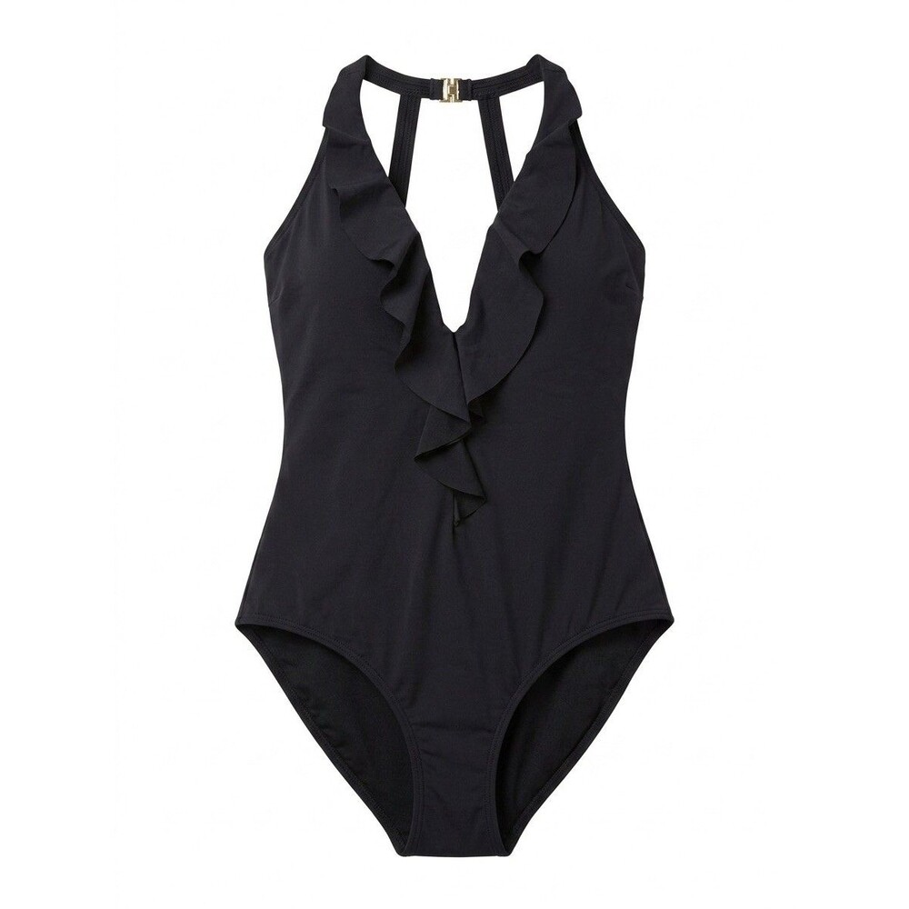 Togs Swimwear Sz 8 Black Tummy Control Ruffle V-Neck One Piece Bathing Suit EUC